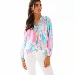 Lilly Pulitzer Elsa Silk Blouse Out To Sea Print